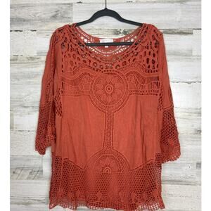 Adiva Womens 1X Orange Crochet Boho Lightweight Summer Blouse Top NEW